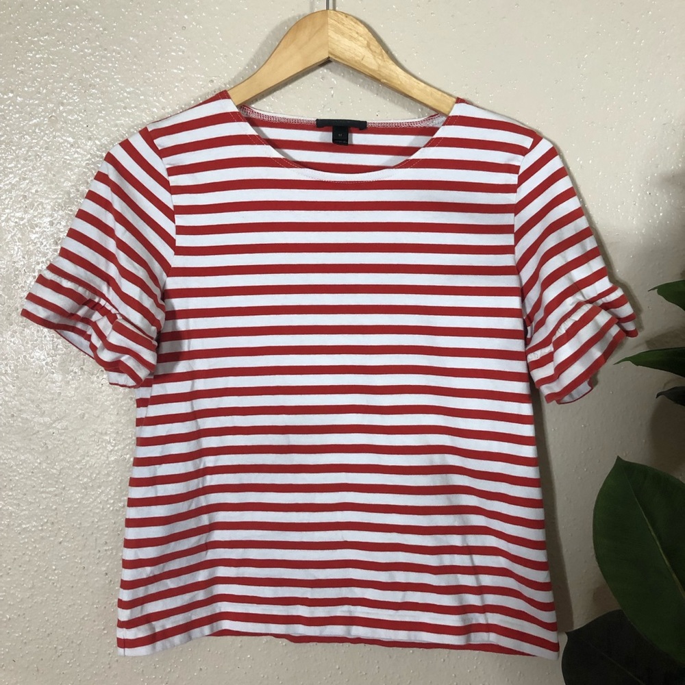 J.Crew Red/White Striped Ruffle Sleeve Tee